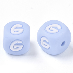 Letter G Food Grade Eco-Friendly Silicone Beads, Horizontal Hole, Chewing Beads For Teethers, DIY Nursing Necklaces Making, Letter Style, Cube, Light Sky Blue, Letter.G, 10x10x10mm, Hole: 2mm