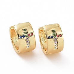 Coloré Boucles d'oreilles créoles épaisses croix zircone cubique, bijoux en laiton doré pour femme, colorées, 14.5x13.5~14x8mm, pin: 0.8 mm