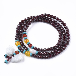 Grenat 3 -loop style bijoux bouddhistes, bracelets de perles de mala de grenat naturel, avec pendentif de jade, bracelets élastiques, ronde, 2 pouce (5.2 cm)