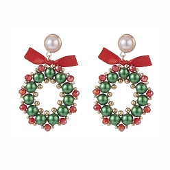 Colorful Glass Pearl Braided Christmas Wreath Dangle Stud Earrings, Brass Wire Wrap Drop Earrings for Women, Colorful, 47mm, Pin: 0.8mm
