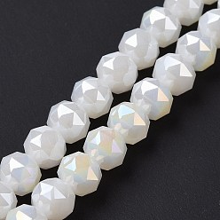 Blanc Plaquer des brins de perles de verre opaques, de couleur plaquée ab , facette, ronde, blanc, 8x7.5mm, Trou: 1.5mm, Environ 71~72 pcs/chapelet, 20.87'' (53 cm)