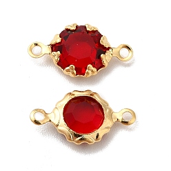 Red Eco-Friendly Brass Glass Connector Charms, Cadmium Free & Lead Free, Flat Round Links, Real 24K Gold Plated, Red, 12x6.5x3mm, Hole: 1mm