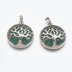 Green Aventurine Natural Green Aventurine Pendants, with Brass Finding, Flat Round with Tree of Life, Platinum, 31x27x6mm, Hole: 5x8mm