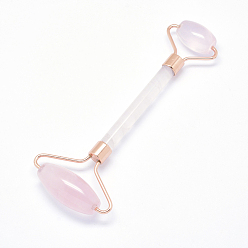 Rose Quartz Natural Rose Quartz Face Massager, Facial Rollers, with Long-Lasting Plated Alloy Findings, Rose Gold, 149~151x57~60x19~20mm