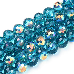 Cyan Foncé Transparentes perles de verre de galvanoplastie brins, facette, demi couleur ab plaqué, ronde, dark cyan, 8x7~7.5mm, Trou: 1.0mm, environ 71~72 pcs / brin, 20.20~21.85 pouce (51.3~55.5 cm)