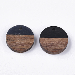 Black Resin & Walnut Wood Pendants, Flat Round, Black, 18x3.5mm, Hole: 1.5mm