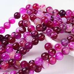 Fuchsia Natural Striped Agate/Banded Agate Beads, Dyed, Round, Grade A, Fuchsia, Size: about 8mm in diameter, hole: 1mm, 43pcs/strand, 15.5 inch