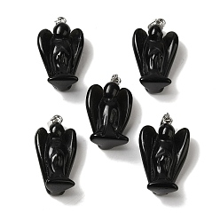 Obsidian Natural Obsidian Pendants, Angel Charms with Platinum Plated Alloy Snap on Bails, 31~31.5x17~18x12mm, Hole: 7.5x4mm