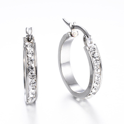  304 Stainless Steel Hoop Earrings, with Polymer Clay and Rhinestone, Ring, Stainless Steel Color, Crystal, 22x21x3.5mm, Pin: 1x0.8mm
