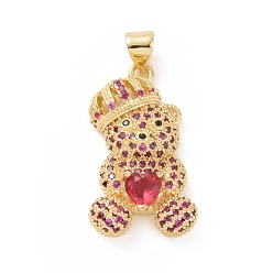 Hot Pink Brass Cubic Zirconia Pendants, Golden, Bear with Heart Charm, Hot Pink, 26x15x10mm, Hole: 4x4.5mm