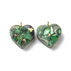 Green Transparent Resin Natural Imperial Jasper Dyed Chips Pendants, with Golden Tone Brass Loops, Heart Charm, Green, 16.5x15.5x6~6.5mm, Hole: 2mm