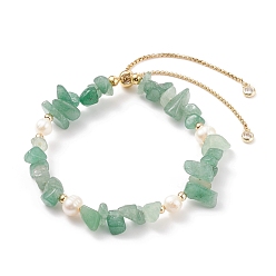 Aventurine Verte Bracelet coulissant en perles d'aventurine verte naturelle et perle, bijoux en pierres précieuses pour femmes, or, diamètre intérieur: 2-1/8~3-1/4 pouce (5.4~8.4 cm)