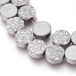 Platinum Plated Electroplated Non-magnetic Synthetic Hematite Beads Strands, Frosted, Flat Round, Platinum Plated, 10x4mm, Hole: 1mm, about 40pcs/strand, 15.94 inch(40.5cm)