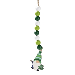 Trèfle Décoration pendentif gnome en bois pour la saint-patrick, avec décoration suspendue en corde de jute perlée en bois, trèfle, 284mm, pendentif: 74x48.5x2.5 mm
