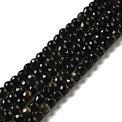 Golden Sheen Obsidian Natural Golden Sheen Obsidian Beads Strands, Round, Faceted, 4mm, Hole: 1mm, about 90~93pcs/strand, 13.58''~14.57''(34.5~37cm)