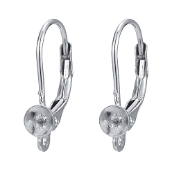 Platinum Rhodium Plated 925 Sterling Silver Leverback Earring Findings, with Cup Pearl Peg Bails Pin and Loop, for Half Drilled Beads, Platinum, 16mm, Hole: 1.2mm, Pin: 0.7mm, Bail: 4mm, Pin: 0.6mm