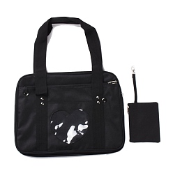 Black Nylon Shoulder Bags, Rectangle Women Handbags, with Zipper Lock & Heart Clear PVC Windows, Black, 36x26x13cm