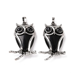 Obsidian Natural Obsidian Pendants, with Antique Silver Tone Alloy Findings, Cadmium Free & Lead Free, Owl Charm, 50x32x9mm, Hole: 7x5mm