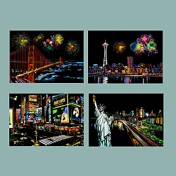 Building Scratch Rainbow Painting Art Paper, DIY Night View of the City Scratchboard, with Paper Card and Sticks, Building Pattern, 29.7x21cm, 4pcs/set