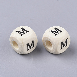 Letter M Printed Natural Wood Beads, Horizontal Hole, Cube with Initial Letter, PapayaWhip, Letter.M, 10x10x10mm, Hole: 3.5mm, about 1000pcs/500g