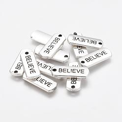 Antique Silver Tibetan Style Alloy Rectangle with Word Believe Pendants, Inspirational Message Pendants, Cadmium Free & Lead Free, Antique Silver, 8x21x2mm, Hole: 2mm, about 612pcs/1000g