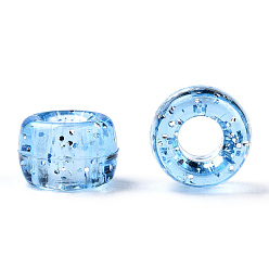 Light Sky Blue Transparent Plastic Beads, with Glitter Powder, Barrel, Light Sky Blue, 9x6mm, Hole: 3.8mm, about 1900pcs/500g