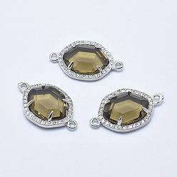 Olive Brass Micro Pave Cubic Zirconia Links, with Glass, Faceted, Oval, Platinum, Olive, 26x16x5mm, Hole: 1.6mm