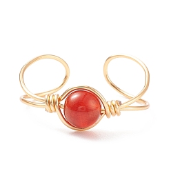 Red Agate Natural Red Agate Round Beaded Open Cuff Ring, Copper Wire Wrap Gemstone Jewelry for Women, Golden, US Size 9(18.9mm)