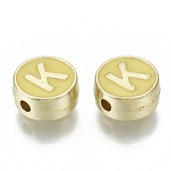 Letter K Alloy Enamel Beads, Cadmium Free & Nickel Free & Lead Free, Flat Round with Initial Letters, Light Gold, Letter.K, 8x4mm, Hole: 1.5mm