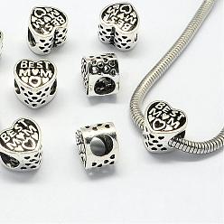 Antique Silver Tibetan Style Alloy Beads, Large Hole Beads, Heart, Antique Silver, 11x12x9mm, Hole: 6mm