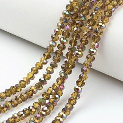 Goldenrod Electroplate Transparent Glass Beads Strands, Half Rose Gold Plated, Faceted, Rondelle, Goldenrod, 4x3mm, Hole: 0.4mm, about 123~127pcs/strand, 16.5~16.9 inch(42~43cm)