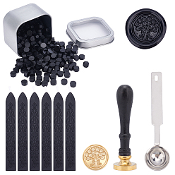 Black PandaHall Elite DIY Scrapbook Making Kits, Including Sealing Wax Sticks, Rosewood Handle, Sealing Wax Particles, Tinplate Iron Tins and Brass Wax Seal Stamp Head, Black, 90x11x11mm, 309pcs/set