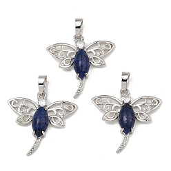 Lapis Lazuli Accumuler pendentifs en laiton placage, de lapis lazuli naturelles, charmes libellule, platine, 30x30.5x6mm, Trou: 8x5mm