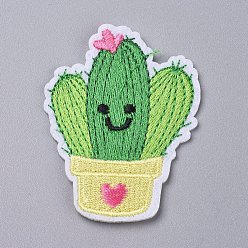 Green Computerized Embroidery Cloth Iron on/Sew on Patches, Costume Accessories, Appliques, for Backpacks, Clothes, Cactus with Smile, Green, 62x46x1.5mm