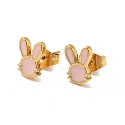 Pink Enamel Rabbit Stud Earrings with 316 Surgical Stainless Steel Pins, Gold Plated 304 Stainless Steel Jewelry for Women, Pink, 8.5x6.5mm, Pin: 0.8mm