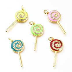 Mixed Color Real 18K Gold Plated Brass Micro Pave Clear Cubic Zirconia Enamel Pendants, Long-Lasting Plated, with Jump Rings, Lead Free & Cadmium Free, Lollipop Shape, Mixed Color, 30x13x4.5mm, Jump Ring: 5x1mm, Inner Diameter: 3mm
