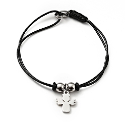 Stainless Steel Color 304 Stainless Steel Angel Charm Bracelet with Waxed Cord for Women, Stainless Steel Color, 7 inch(17.8cm)