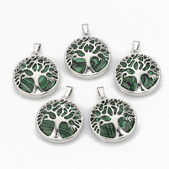 Malachite Synthetic Malachite Pendants, with Brass Findings, Flat Round with Tree of Life, Dyed, Platinum, 30.5x27x8mm, Hole: 7x3mm