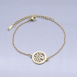 Golden 201 Stainless Steel Link Bracelets, with Lobster Claw Clasps, Tree of Life with Flat Round, Golden, 6-3/4 inch~6-7/8 inch(17.2~17.6cm)