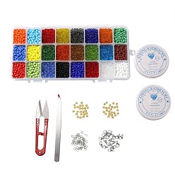 Color mezclado Kits de conjuntos de joyas elásticas de bricolaje, incluir perlas de vidrio, Agujas y tijeras de acero inoxidable y pinzas para abalorios y cierres de pinza de langosta, Abalorios de espaciador de acero, color mezclado, perlas de vidrio: 4 mm, agujero: 1.5 mm, sobre 4800 unidades / caja