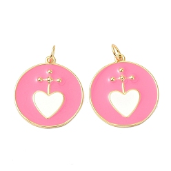 Hot Pink Brass Enamel Pendants, with Jump Ring, Real 18K Gold Plated, Long-Lasting Plated, Lead Free & Nickel Free & Cadmium Free, Flat Round with Heart, Hot Pink, 21.5x19x2.5mm, Jump Ring: 5x0.8mm, 3.5mm Inner Diameter