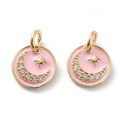 Real 18K Gold Plated Brass Micro Pave Clear Cubic Zirconia Charms, with Pink Enamel, Long-Lasting Plated, With Jump Rings, Flat Round with Moon and Star, Real 18K Gold Plated, 10x1.5mm, Hole: 3mm, Jump Ring: 5x1mm