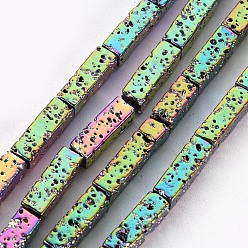 Colorful Electroplated Natural Lava Rock Beads Strands, Cuboid, Bumpy, Colorful, 12.5x4x4mm, Hole: 1mm, about 32pcs/strand, 15.75 inch(40cm)