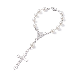 Platinum Religious Prayer Imitation Pearl Beaded Rosary Bracelet, Virgin Mary Crucifix Cross Long Charm Bracelet for Easter, Platinum, 7-1/2 inch(18.9cm)