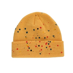 Verge D'or Bonnet à revers en fil de fibre de polyacrylonitrile, bonnet d'hiver en tricot à pois pour femme, verge d'or, 560~580mm
