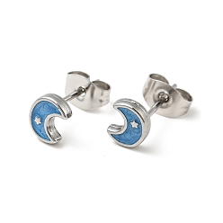 Dodger Blue Enamel Crescent Moon with Star Stud Earrings with 316 Surgical Stainless Steel Pins, Stainless Steel Color Plated 304 Stainless Steel Jewelry for Women, Dodger Blue, 6x5mm, Pin: 0.8mm