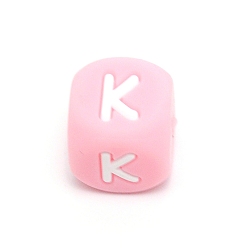 Letter K Силиконовые бусины с алфавитом для изготовления браслетов или ожерелий, стиль письма, розовый куб, letter.k, 12x12x12 мм, отверстие : 3 мм