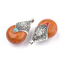 Coral Tibetan Style Resin Pendants, with Alloy & Enamel, teardrop, Antique Silver, Coral, 28x16x14mm, Hole: 2~3.5mm