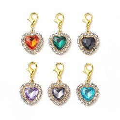 Mixed Color Alloy Rhinestone Heart Pendant Decorations, Lobster Clasp Charms, Clip-on Charms, for Keychain, Purse, Backpack Ornament, Mixed Color, 31mm, 6pcs/set