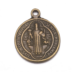 Antique Bronze Tibetan Style Pendants, Saint Benedict Medal, Cadmium Free & Nickel Free & Lead Free, Religion, Flat Round with Word, Antique Bronze, 21x18x2mm, Hole: 1mm, about 480pcs/1000g